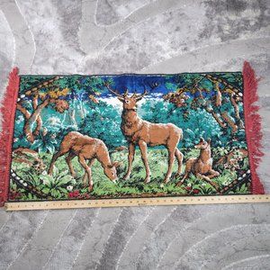 Vintage Tapestry Velvet Wildlife Deer in Woods Scene Large Woodland Forest 36.5”